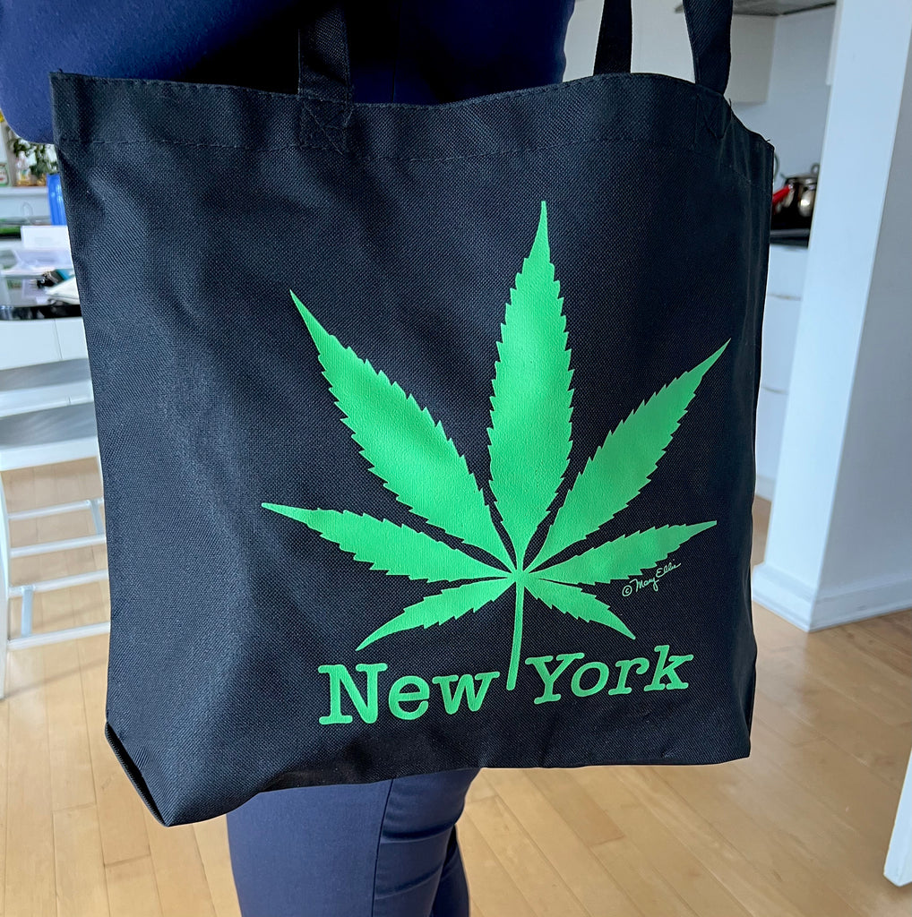 New York Tote Bag Black with Green Cannabis Leaf
