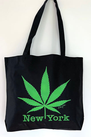 New York Tote Bag Black with Green Cannabis Leaf