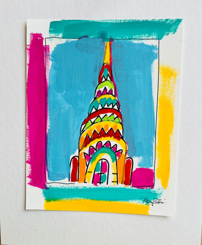 Hand Painted 8 x 10 New York Chrysler Building 3 Abstract Painting by Mary Ellis