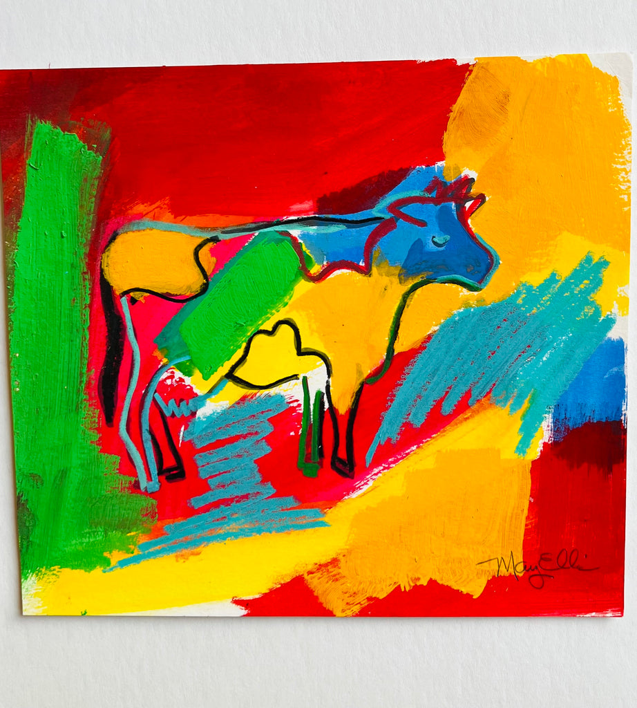 Hand Painted 8 x 10 Cow 2 Abstract Painting by Mary Ellis