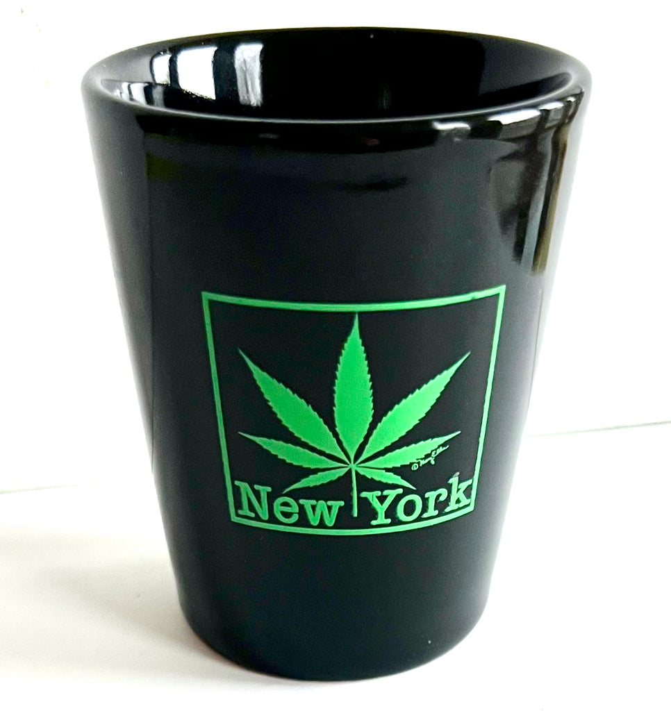 New York Shot Glass Black Ceramic Cannabis Leaf