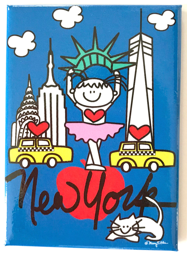 Bella Ballerina New York Magnet featuring an adorable little girl with New York landmarks on a glossy metal magnet. 