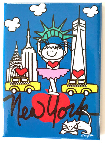 Bella Ballerina New York Magnet featuring an adorable little girl with New York landmarks on a glossy metal magnet. 
