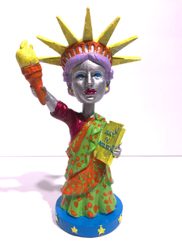 Hand Painted 8" Statue Of Liberty Bobble Head Sculpture Silver Liberty