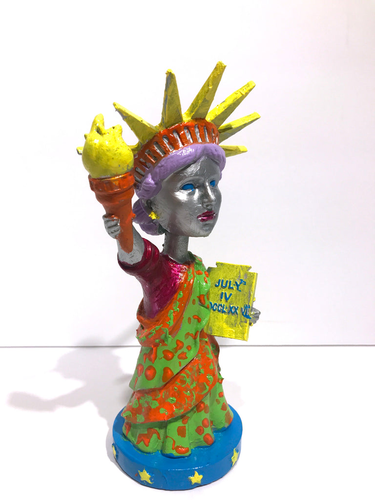 Hand Painted 8" Statue Of Liberty Bobble Head Sculpture Silver Liberty