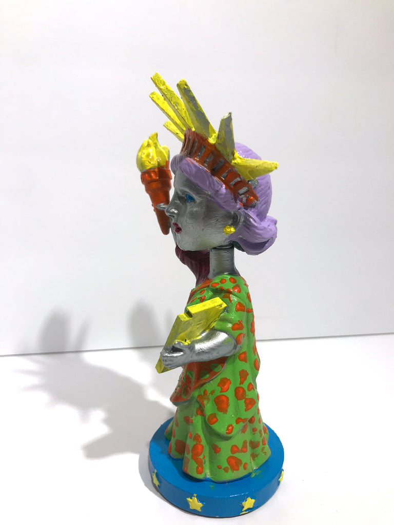Hand Painted 8" Statue Of Liberty Bobble Head Sculpture Silver Liberty