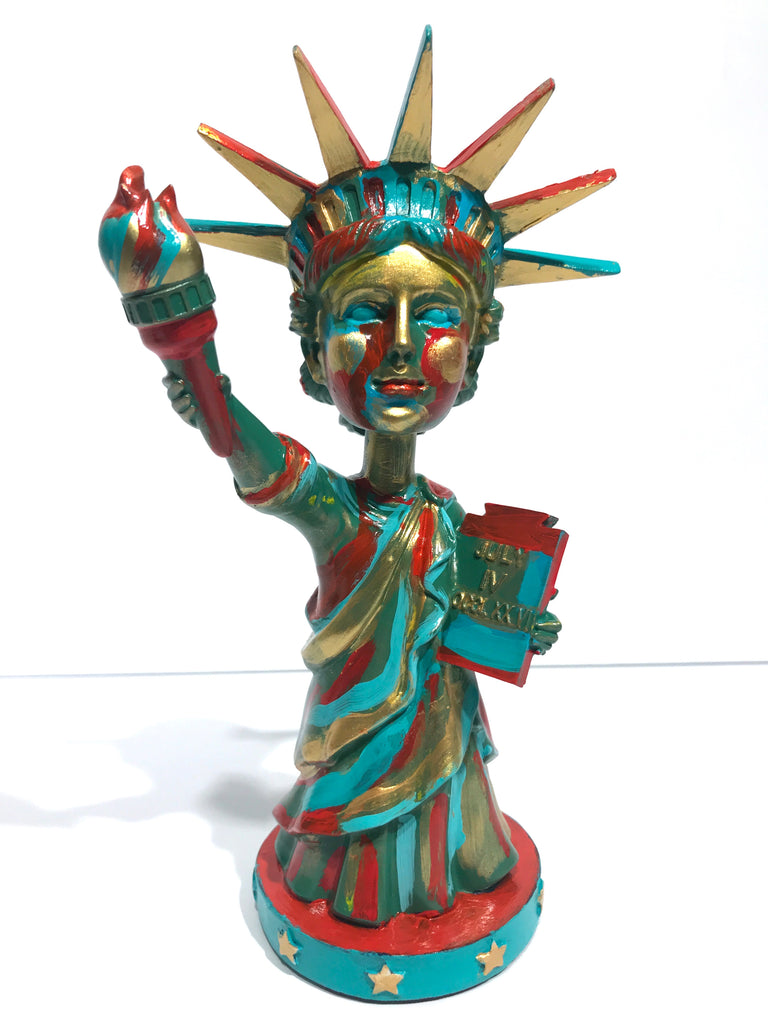 Hand Painted 8" Statue Of Liberty Bobble Head Sculpture Abstract Gold Liberty