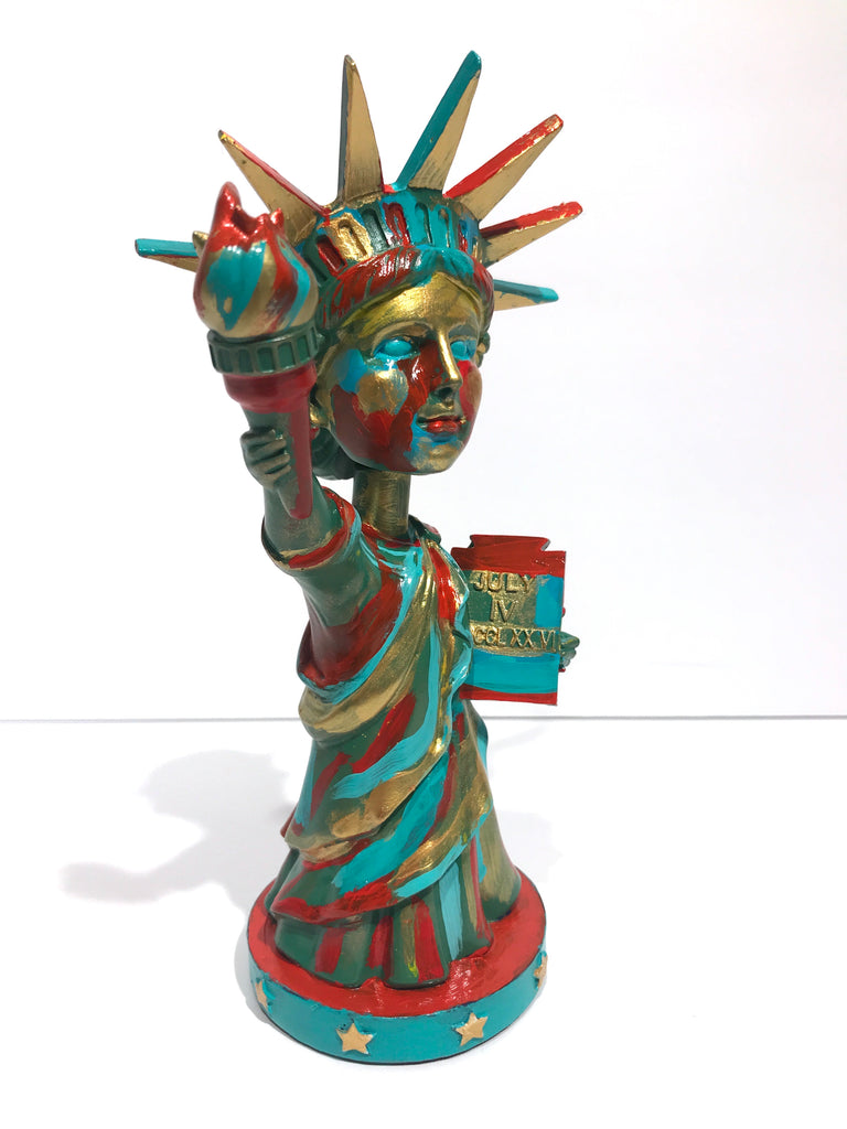 Hand Painted 8" Statue Of Liberty Bobble Head Sculpture Abstract Gold Liberty