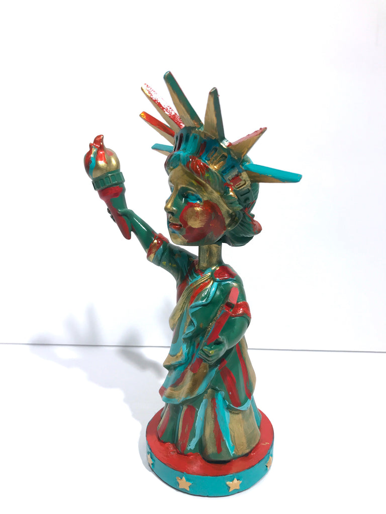 Hand Painted 8" Statue Of Liberty Bobble Head Sculpture Abstract Gold Liberty