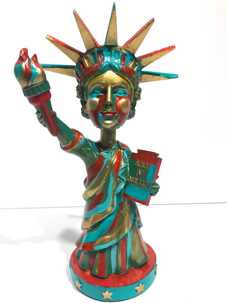 Hand Painted 8" Statue Of Liberty Bobble Head Sculpture Abstract Gold Liberty
