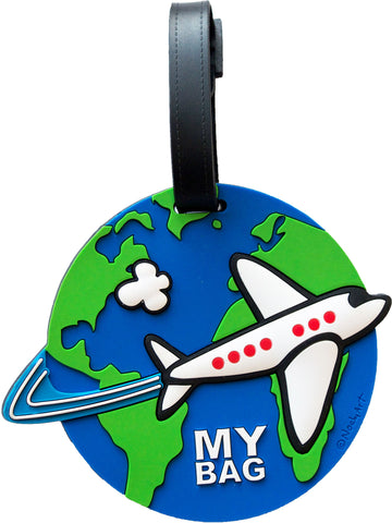 Airplane cute luggage tag with an airplane traveling around the world. Heavy duty raised surface PVC luggage tag with globe. Hidden address compartment. Sold in bulk pack of 6. 