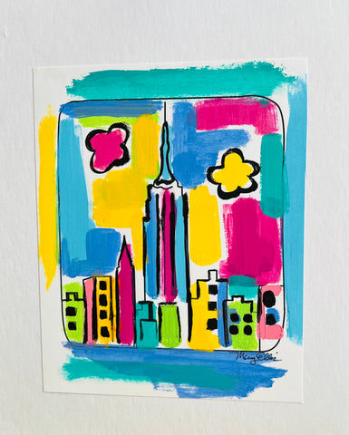 Hand Painted 8 x 10 NY Skyline Abstract Painting by Mary Ellis