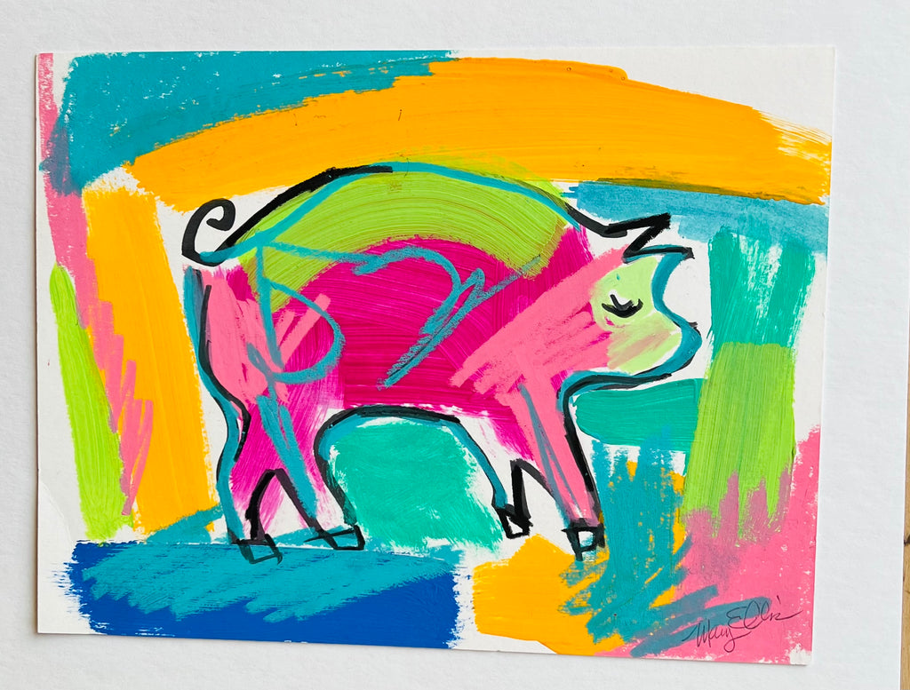 Hand Painted 8 x 10 Pig Abstract Painting by Mary Ellis
