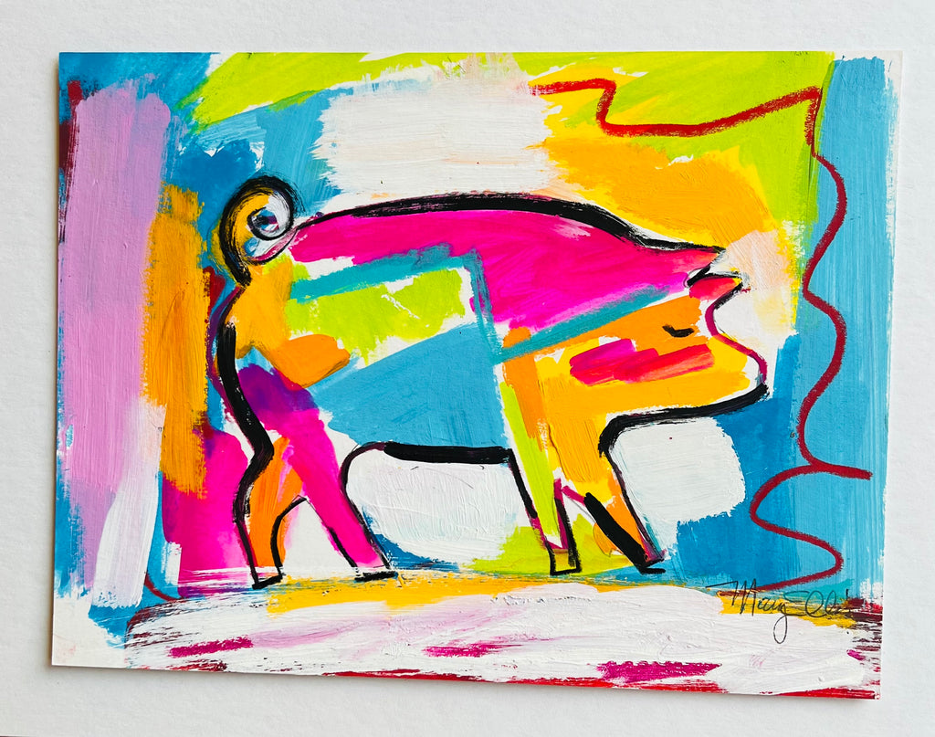 Hand Painted 8 x 10 Pig 2 Abstract Painting by Mary Ellis
